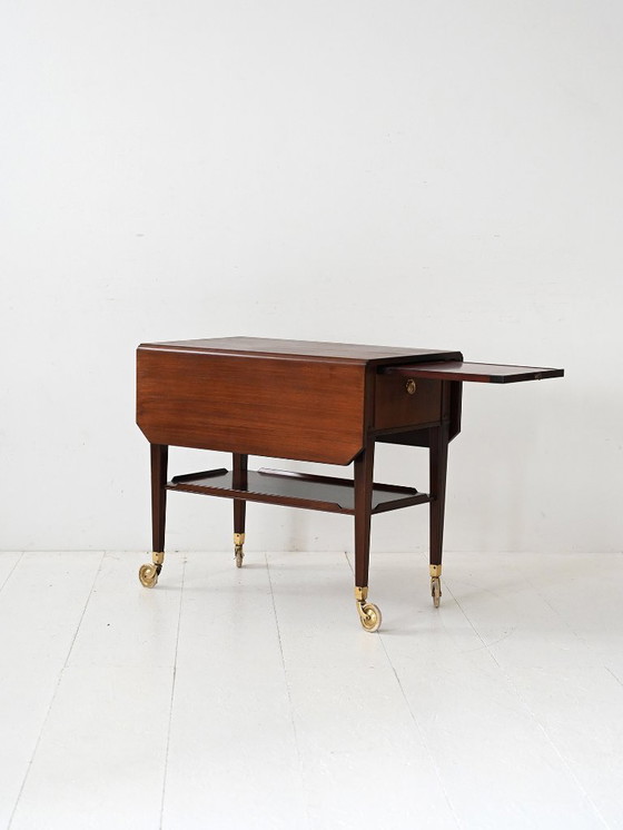 Image 1 of Carrello vintage scandinavo in mogano degli anni '40 con dettagli in ottone