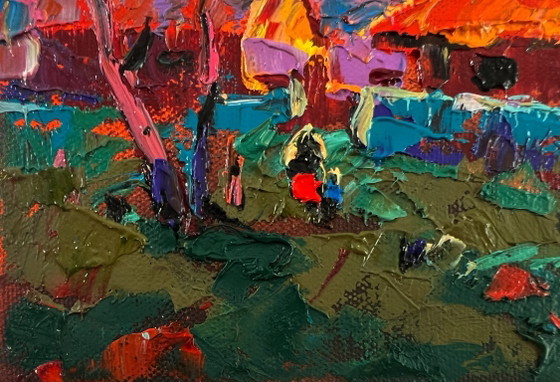 Original Oil Painting Rural Evening Landscape Sunset Village Glow – Paintings & Drawings, Canvas (photo 6 of 8)