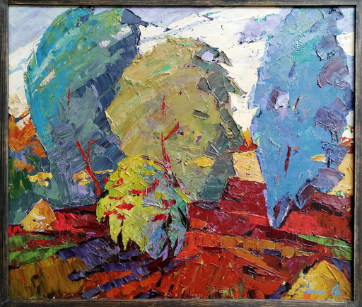 Peinture à l'Huile Originale Paysage Nature Automne Vent dans le Dos