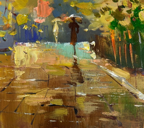 Image 1 of Original Oil Painting City Street Landscape Autumn leaves are flying