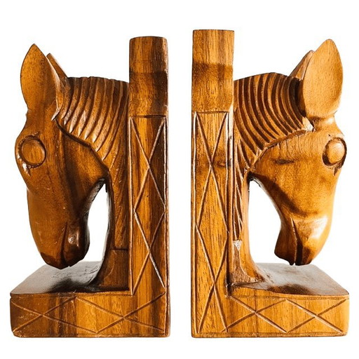 Vintage mid-century bookends hand-carved wooden horses teak 1960s