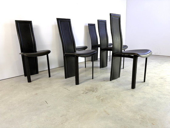 Vintage Zwart Lederen Eetkamerstoelen, Set van 6, Jaren 80 – Leather (photo 9 of 9)