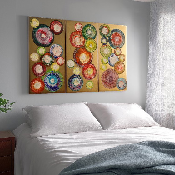 Image 1 of Cuadro abstracto dorado A1280 - tríptico listo para colgar