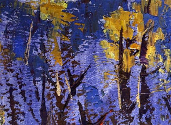 Image 1 of Original Oil Painting Winter Forest Landscape Home on a winter evening