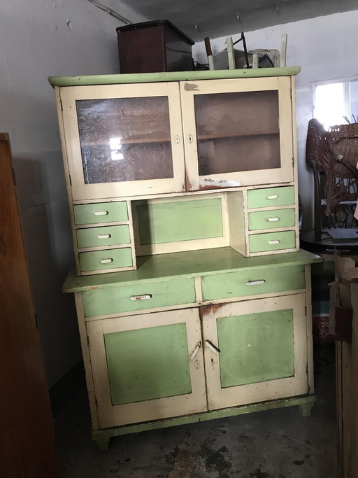 Armoire de cuisine vintage en verre et bois peint, années 1930