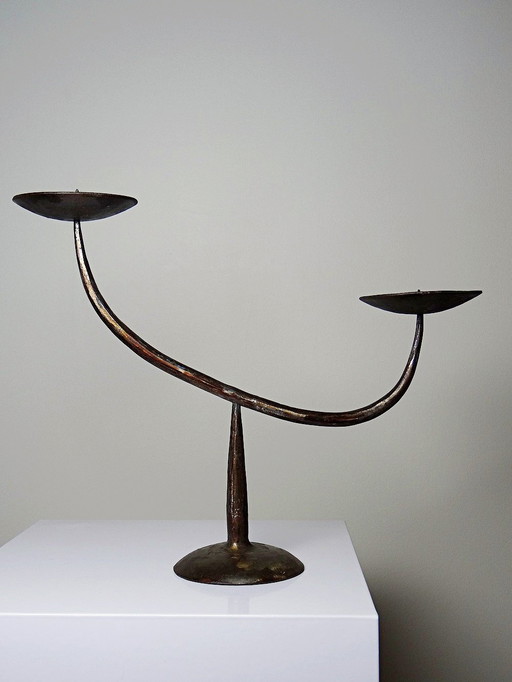 Vintage Brushed Antique Brutalist Metal 2-Branch Candelabra/Candleholder