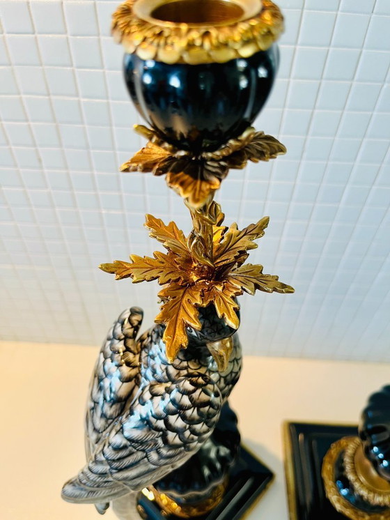 Image 1 of 48 cm grote, enorme set - bronzen, porseleinen papegaai kandelaars, nieuwe kandelaars