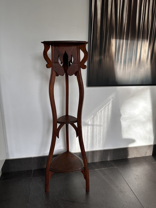 Columna Jardinière antigua Art Nouveau – Mesa para plantas de roble – 110 cm