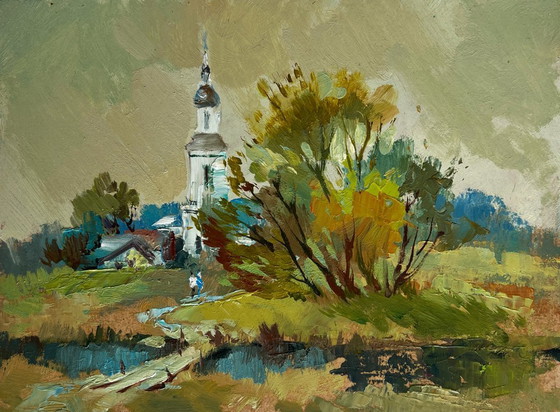 Image 1 of Original Oil Painting Evening Church Landscape At the village church