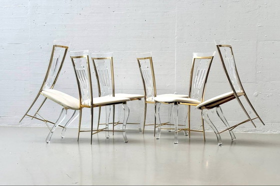 Image 1 of Set: 6 Stühle aus Acrylglas mit Messingdetails von Vereinigte Werkstätten, 1980er Jahre
