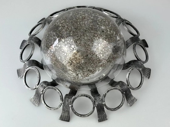 Image 1 of 60s 70s Brutalistische wandlamp of plafondlamp van ijzer & glas design