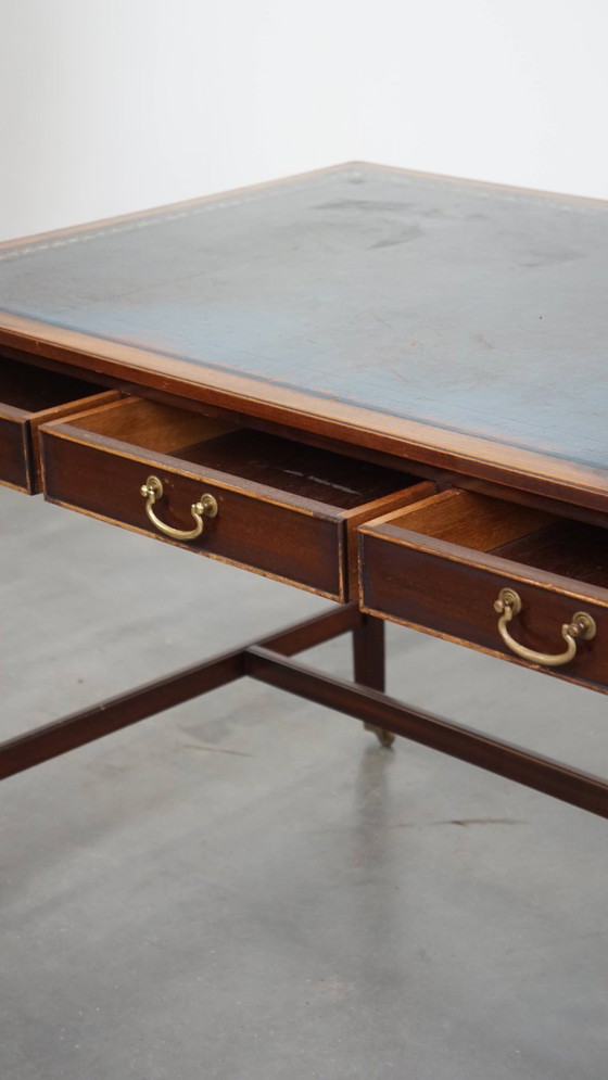 Image 1 of Writing table and a blue cowhide leather chesterfield office chair