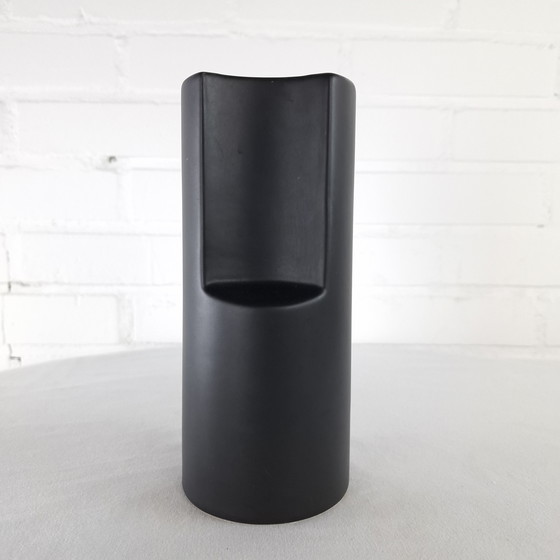 Image 1 of Vintage Flora ceramic vase 1970s abstract matte black earthenware