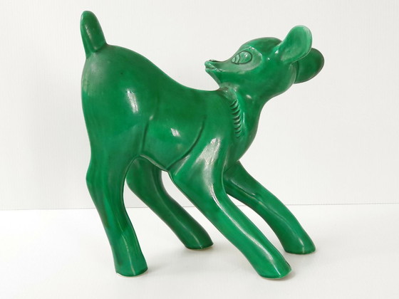 Image 1 of IMPORTANT FAON BAMBI 1960 GEANT VINTAGE CERAMIQUE VERTE HAUTEUR 30CM 60S 1960S