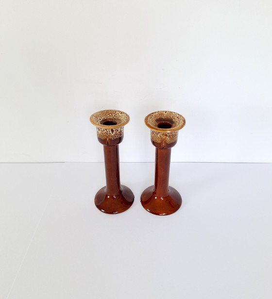 Image 1 of Set van Twee Vintage Keramische Kaarshouders, Vette Lava Kandelaar Houder, Bruine Decoratieve Verzamel Kandelaar