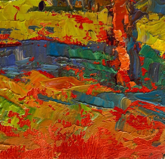 Image 1 of Original Oil Painting Autumn Church Landscape Autumn bell ringing of the church tower