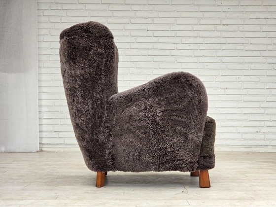 1960s, Danish design, reupholstered armchair, genuine sheepskin., Other, Brown (photo 15 of 20)