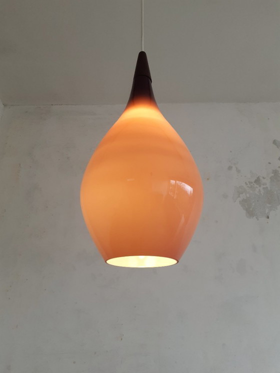 Image 1 of Drop glass mcm pendant lamp, white opal glass with purple top coat, scandinavian design