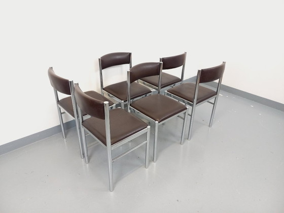 Image 1 of Set di 6 sedie vintage anni '70 in metallo cromato e similpelle marrone