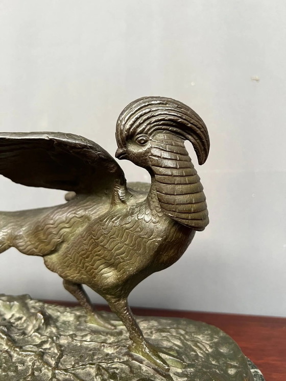 René André Varnier. Figura de bronce de un faisán sobre una base de mármol verde. – Esculturas, Bronze, Marble (photo 5 of 7)