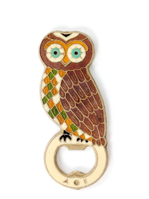 Abridor de botellas vintage griego de bronce esmaltado con forma de búho, años 80