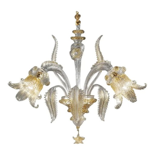 Italian Luxury Wall Sconce in Clear Murano Glass With Gold Floral Motifs