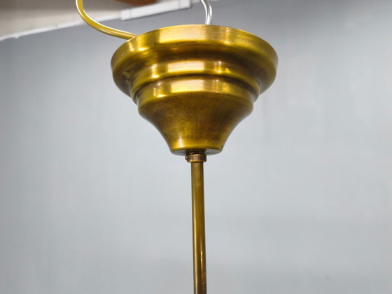 Image 1 of Tsjechische art-deco kroonluchter van messing en glas, jaren 1950