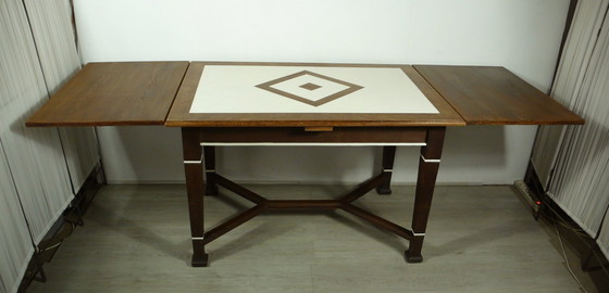 Image 1 of Table de salle à manger antique extensible en chêne massif + crème-blanc, Art Nouveau Nikolaischule vers 1900