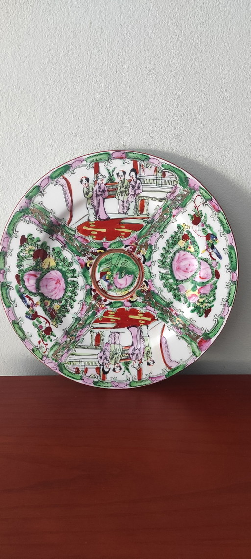 Assiette murale vintage chinoise en porcelaine « médaillon de rose » – Milieu du XXe siècle