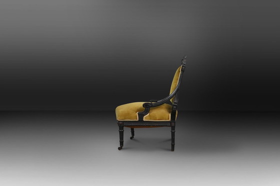 Image 1 of Fauteuil en bois noir et velours de style Empire, années 1850