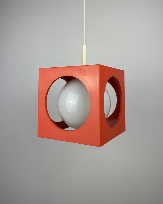 Image 1 of Space Age Ceiling Lamp, Richard Essig, Orange Minimalistic Cube Design, 1970s, Retro-Futuristic Lamp, Germany, Sputnik Design