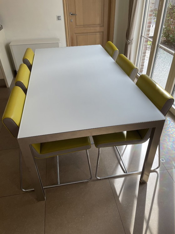 Tavolo da pranzo in vetro Leolux + 6 sedie Leolux verde lime – Tavoli da pranzo, Pelle (photo 5 of 5)