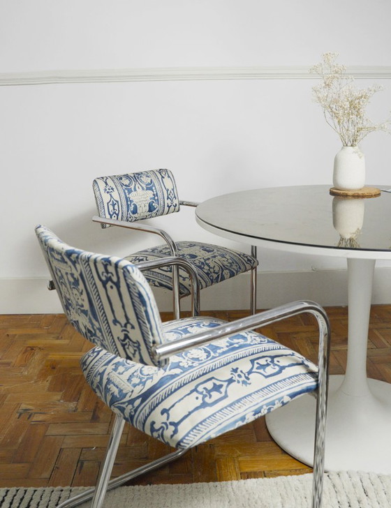 Image 1 of Bauhaus Cantilever Chairs, Portuguese Blue and White Tile Azulejo Upholstery Dining Chairs, Chromed Steel Frame Seating Set of 2