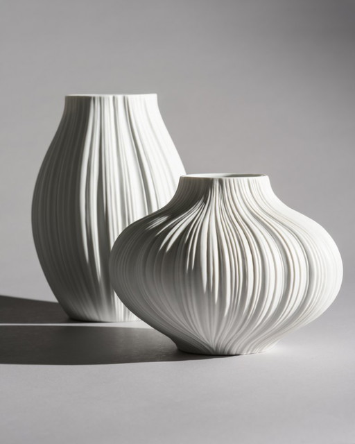 Martin Freyer pour Rosenthal « Plissée » Duo de vases en porcelaine biscuit, Allemagne 1968