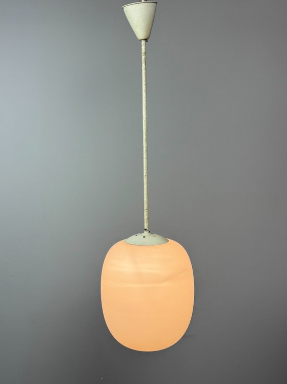 Tall Mid-Century Design Philips Industrial Pendant with Big White Oval Frosted Glass Ball, Netherlands, 1950s (photo 5 of 11)