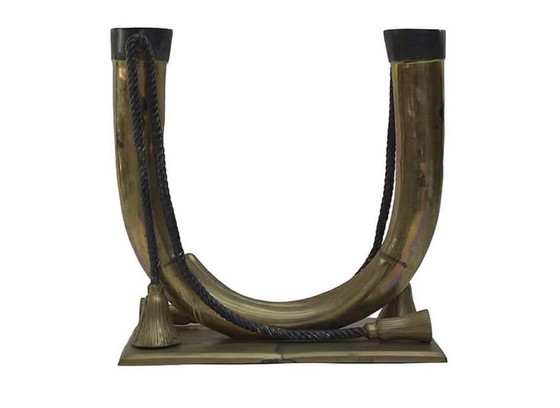 Image 1 of Beautiful brass and bronze elephant tusk console table with stone top and original patina - Made in Italy in the 60s
