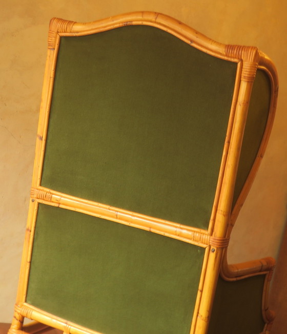 Image 1 of Sillón de orejas de mediados de siglo en bambú y verde oliva, década de 1960
