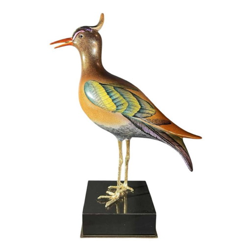 Crested Bird Polychrome Porcelain & Ormolu Sculpture, 1970s
