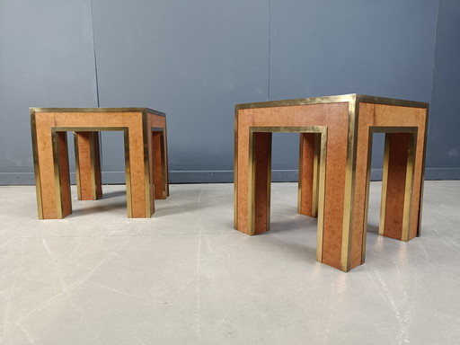 Pair of burl wood side tables in the manner of Willy Rizzo, Romeo Rega,n jean Claude Mahey.  Beautiful natural burl wood with br