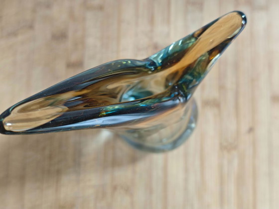 Image 1 of Vintage mouth-blown glass sculptural vase — amber/topaz to smoky blue — Murano style
