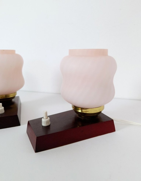Image 1 of Vintage Mid Century Nightstand Lamps Pair / Retro Pink Swirl Glass Table Lights / 1970s Yugoslavian Bedroom Decor / By EMI Poljc
