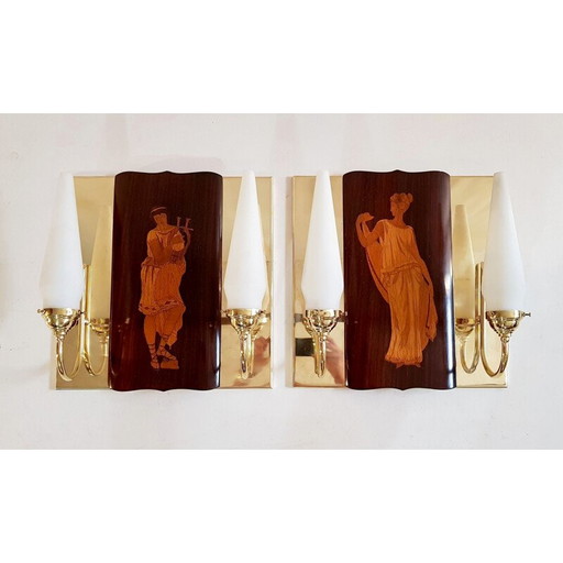 Coppia di lampade da parete vintage in ottone e teak di Andrea Gusmai, Italia 1950