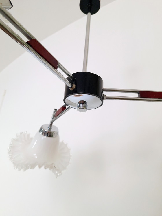 Image 1 of Vintage kroonluchter, 3 Arm Keramiek en Glas Tulp Plafondlamp, Vintage Licht Armatuur, 70s Hanglamp, Mid Century Modern Lam