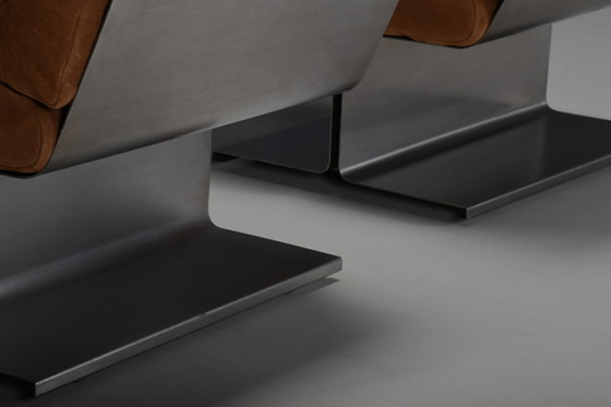 Image 1 of Très rare paire de chaises longues en cuir et acier par Paul Geoffroy pour Uginox, France, années 1970