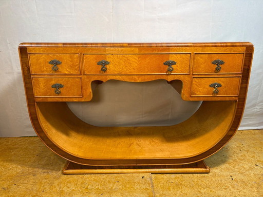 Art Deco Antique Vintage Console Table in Bird’s Eye Maple 1920-1930  Sweeping U-Shaped Base • Brass Details • Elegant Statement
