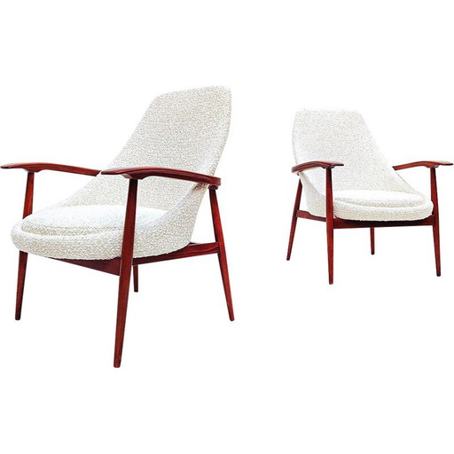 Coppia di poltrone vintage in legno e tessuto bianco riccio, Italia 1960