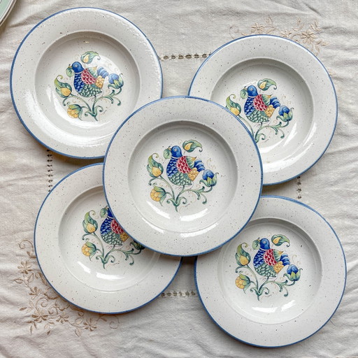 5 Platos Hondos de Fayenza Italiana Moteada 'TIFFANY' – Patrón de Pájaro Vintage