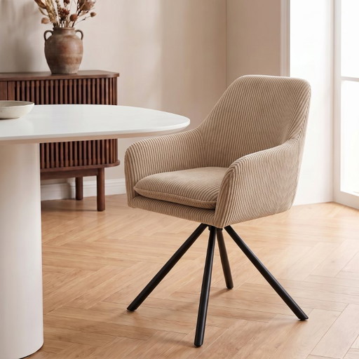 4er Set Esszimmerstühle „Elys“ – Drehbarer Armlehnstuhl aus Cord in Beige – fauteuils, Metal