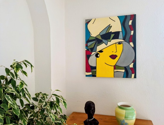 Image 1 of Patricia KLEYMAN - Ritratto di una graziosa giovane donna con un cappello bianco - Dipinto dell'artista