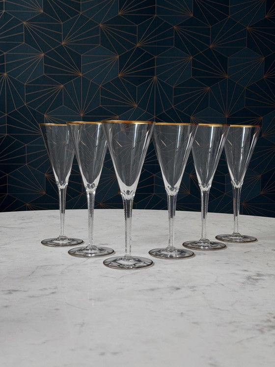 Image 1 of Josephinenhütte “Josephine” Champagne Glasses, Gold Rim, circa 1900 (Set of 6)